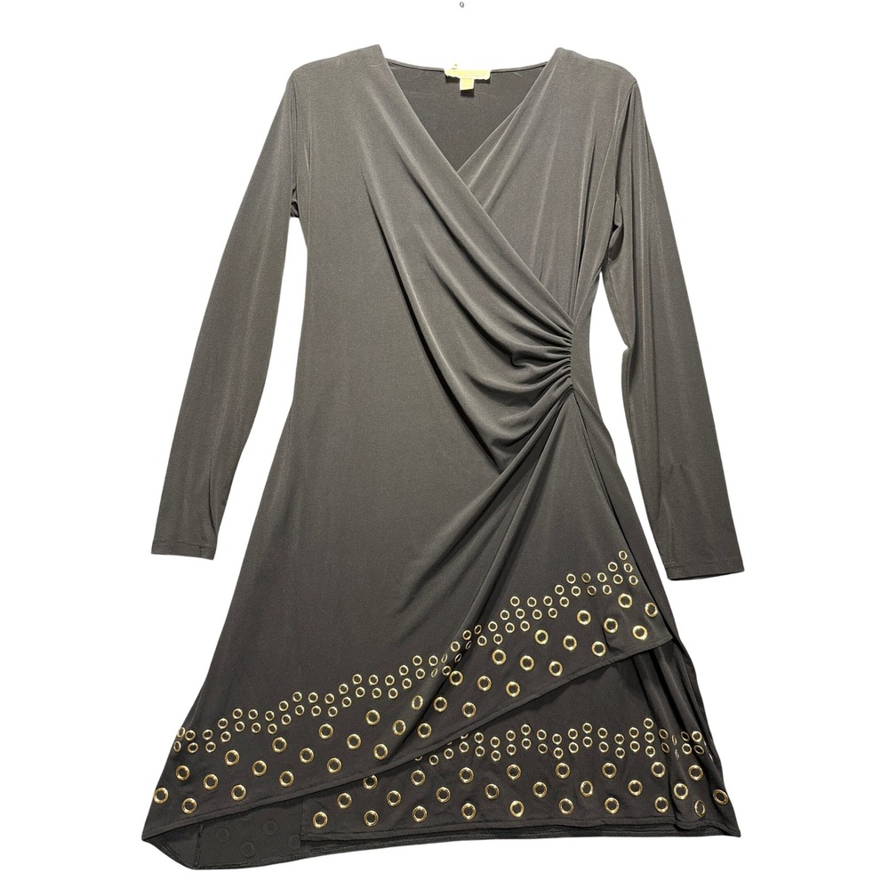 Michael Michael Kors Dress Women XL Black Faux Wrap Grommet L/S
